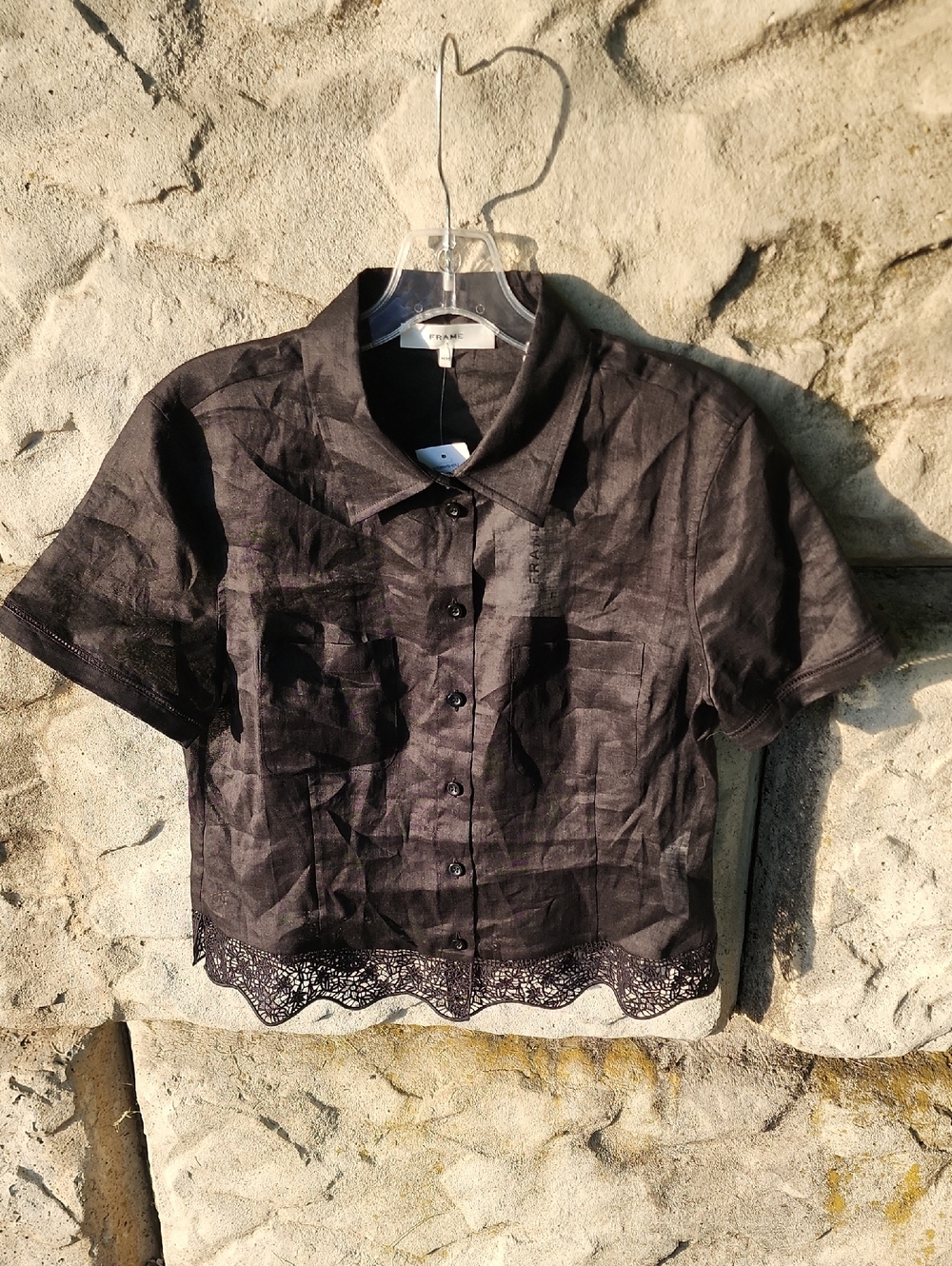 Frame Embroidered Seaside Shirt with Lace Hem Medium